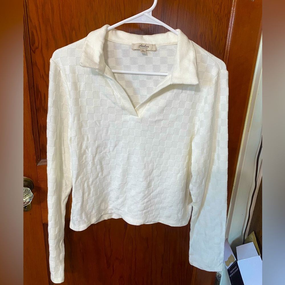 Atelier White varsity Collared Sweater with Checkered pattern